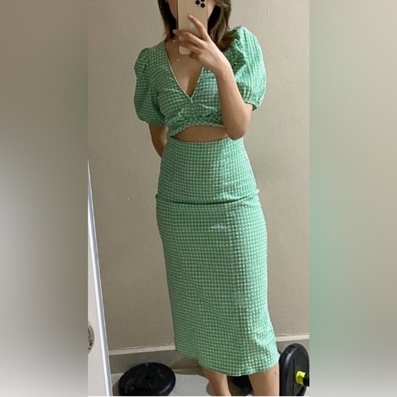 Nwt Zara Green Gingham Cut out Midi Dress Large - Picture 4 of 12